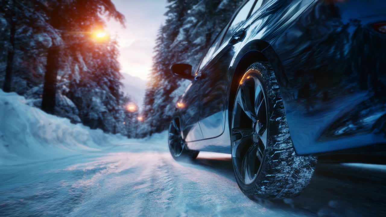 A sleek black vehicle navigating through a winter wonderland, gracefully maneuvering along a snow-covered road framed by majestic trees and glowing streetlights that illuminate the serene evening atmosphere