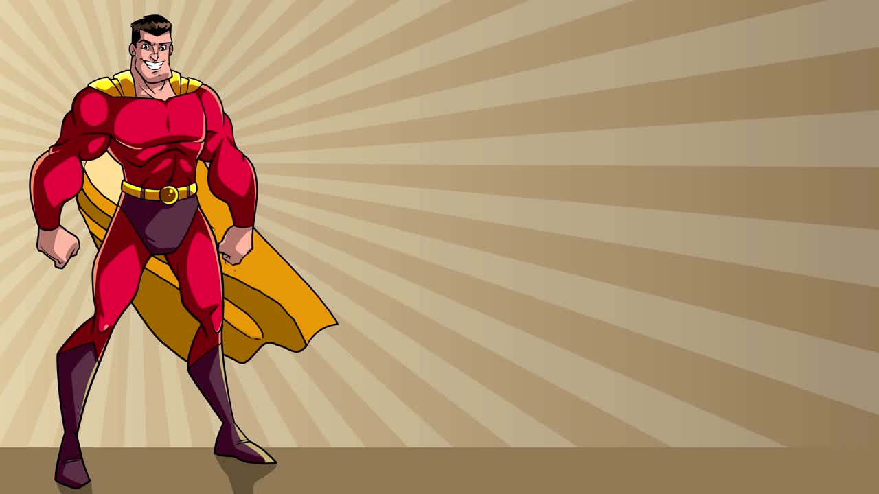 슈퍼 히어로가 서 있는 키가 크고 은 빛의 배경