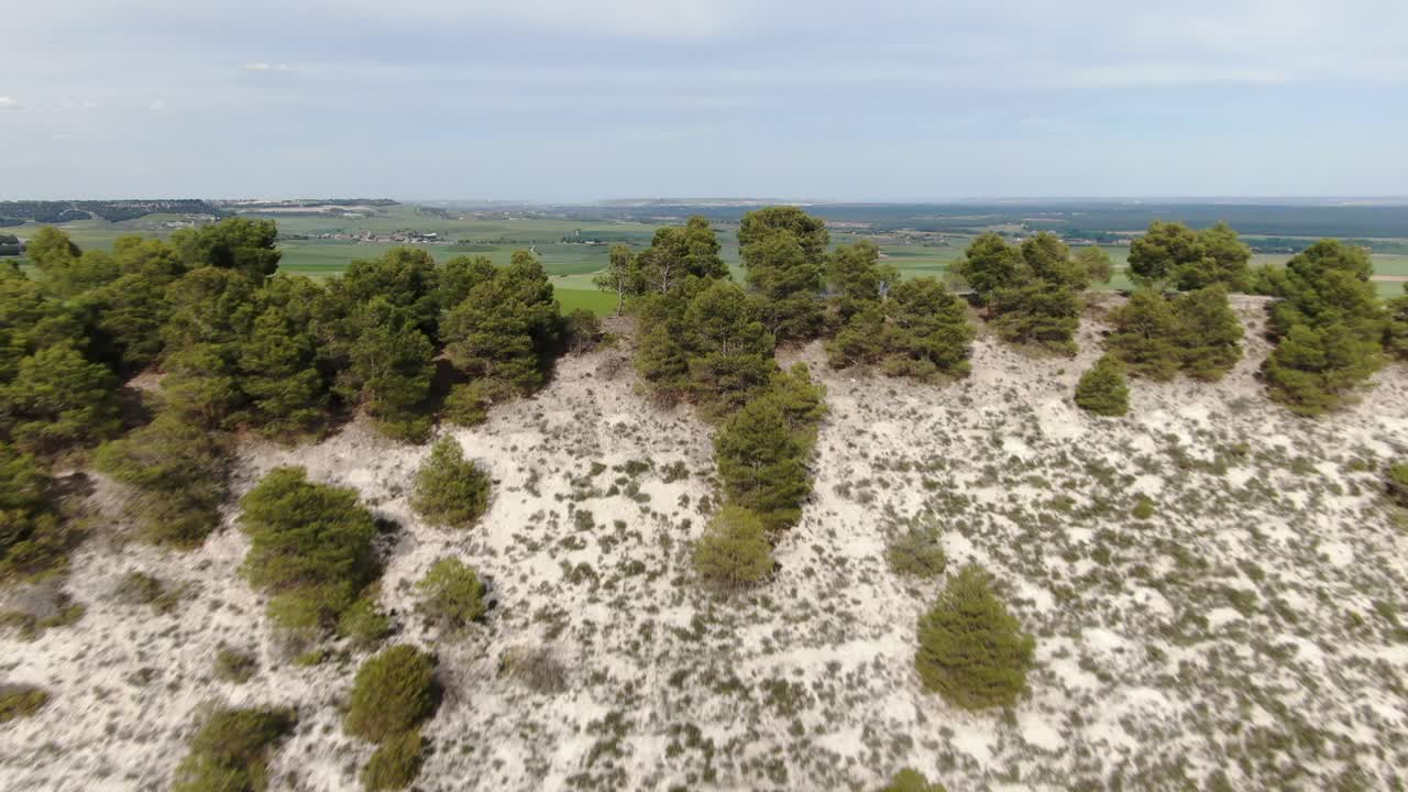 Photovoltaic Solar Plant behind a hill in spring. Geria, Valladolid. 4K Drone Reveal shot