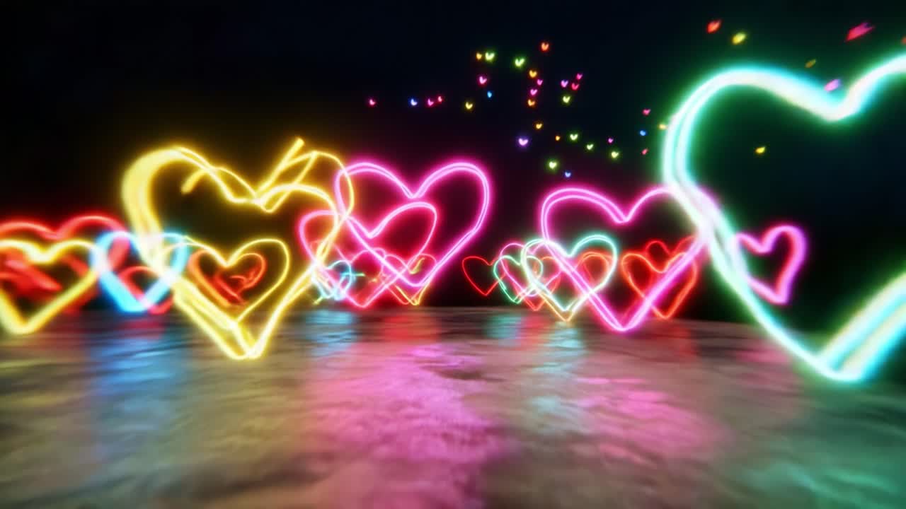A Mesmerizing Display of Colorful Neon Hearts Illuminating a Dimly Lit Space, Creating an Enchanting Atmosphere Filled with Love and Romance Captured in Two Stunning Frames of a Vibrant Video
