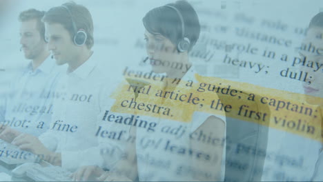 Call center employees with headsets working over dictionary text animation