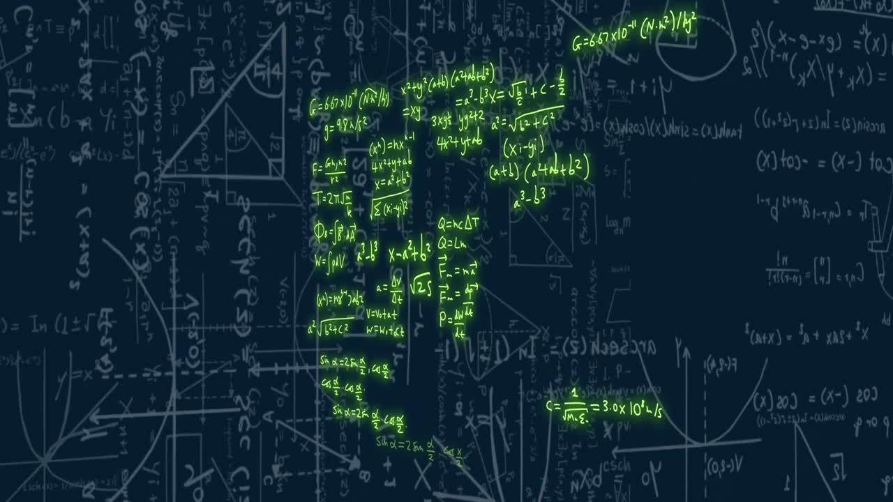 Animation of mathematical formulae and scientific data processing over black background