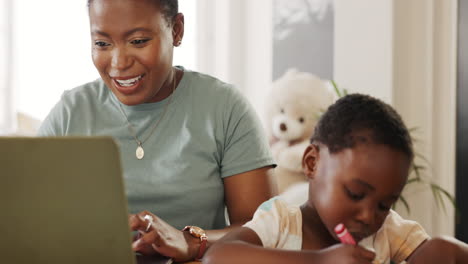 work from home, high five and mother with african