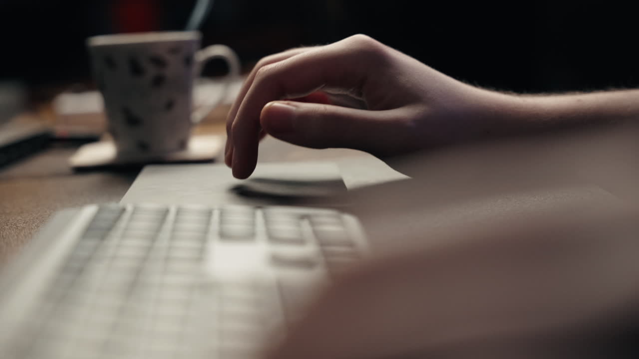 Slow moving shot of a boy's hand with a trackpad while he is working on his computer