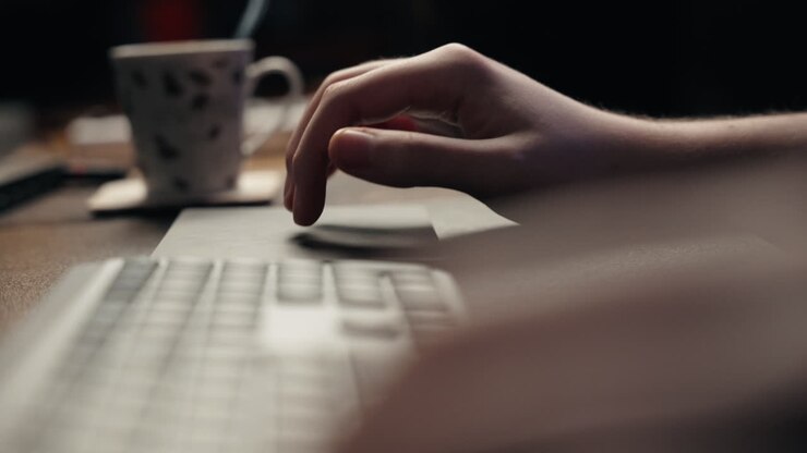Langsom optagelse af en drengs hånd med en trackpad, mens han arbejder på sin computer