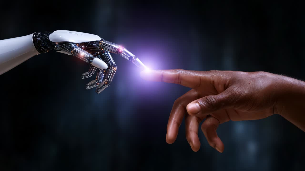 In a groundbreaking moment, a robotic hand reaches out to connect with a human hand, symbolizing the convergence of technology and humanity, and the potential for collaboration and understanding between the two worlds