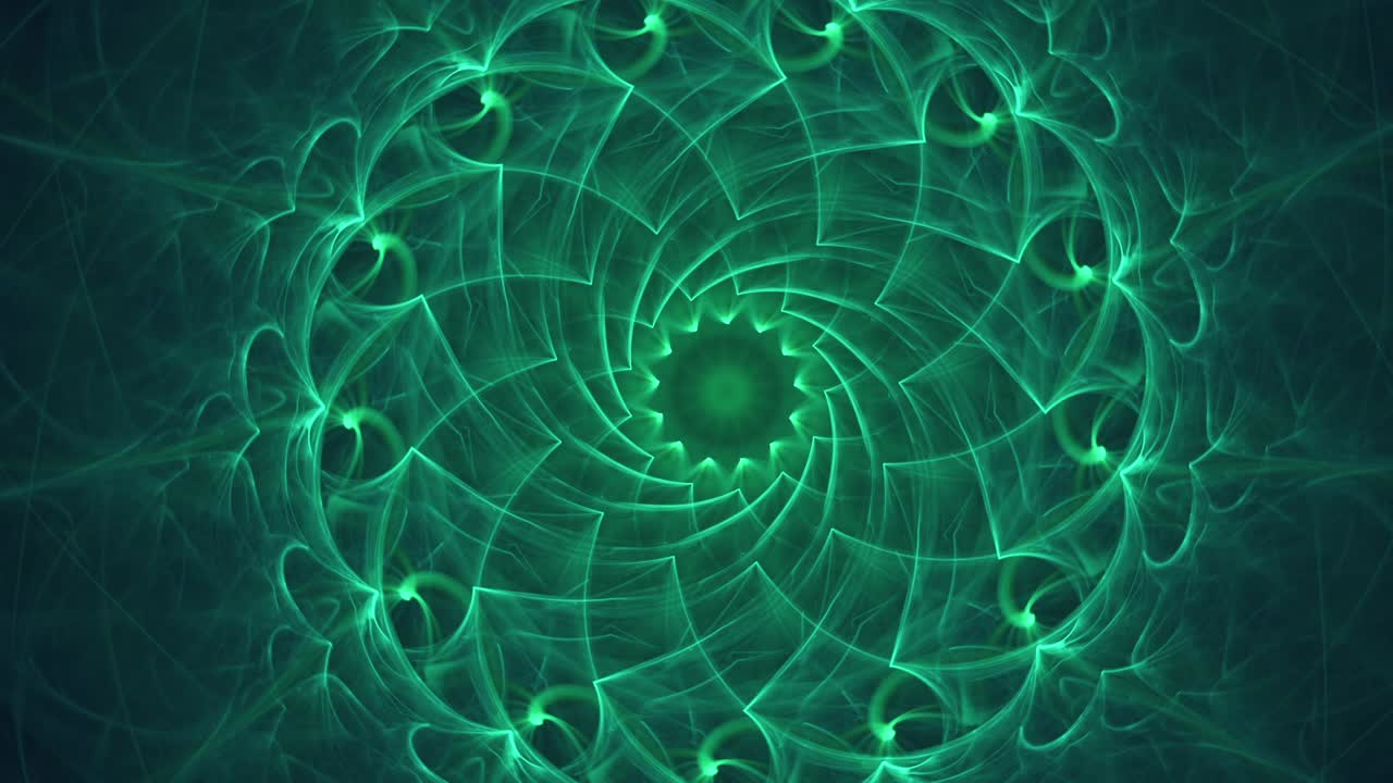 un mandala sagrado sin fisuras en color verde turquesa, un intrincado diseño energético de geometría giratoria en movimiento, un profundo despertar visual espiritual de la mente
