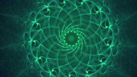 Mandala-Sagrado-En-Bucle-Sin-Fisuras-En-Color-Verde-Turquesa,-Intrincado-Diseño-Energético-De-Geometría-Giratoria-En-Movimiento,-Despertar-Visual-Espiritual-De-Mente-Profunda