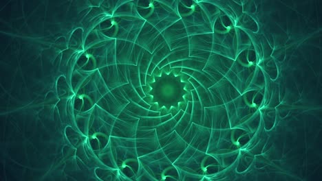 un mandala sagrado sin fisuras en color verde turquesa, un intrincado diseño energético de geometría giratoria en movimiento, un profundo despertar visual espiritual de la mente