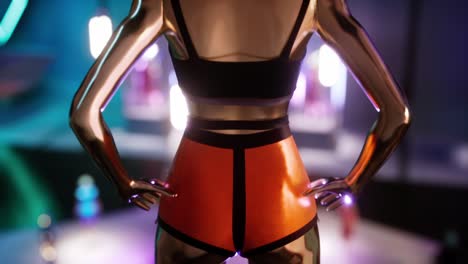 3d close-up animation of a fashion doll in shorts and shiny skin