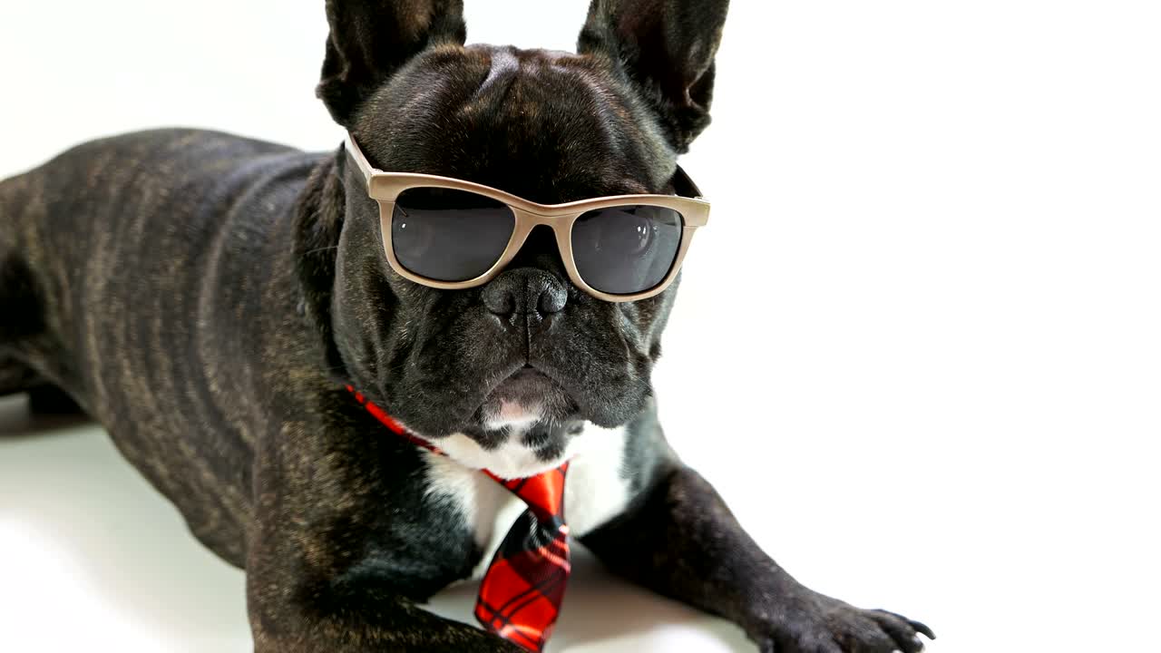 색 배경에 안경과 타이에 누워있는 프랑스 불도그