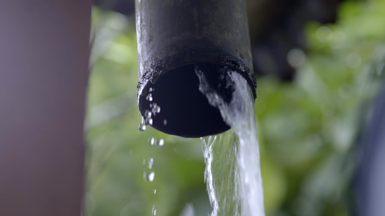 Heavy rain water gushing out of gutter