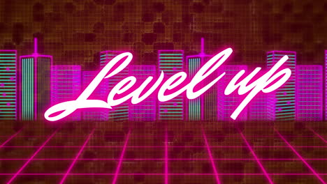 animation of level up text over digital city on red background