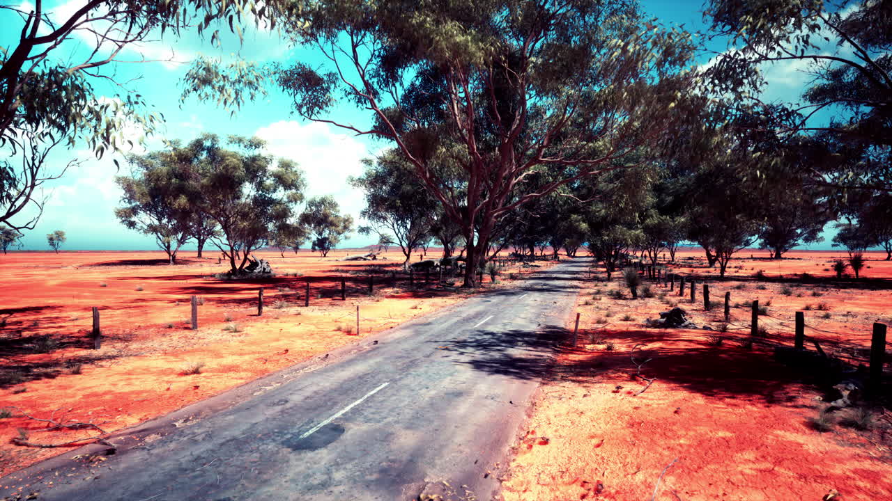 구름이 가득한 하늘 아래 나무가 있는 사막 도로