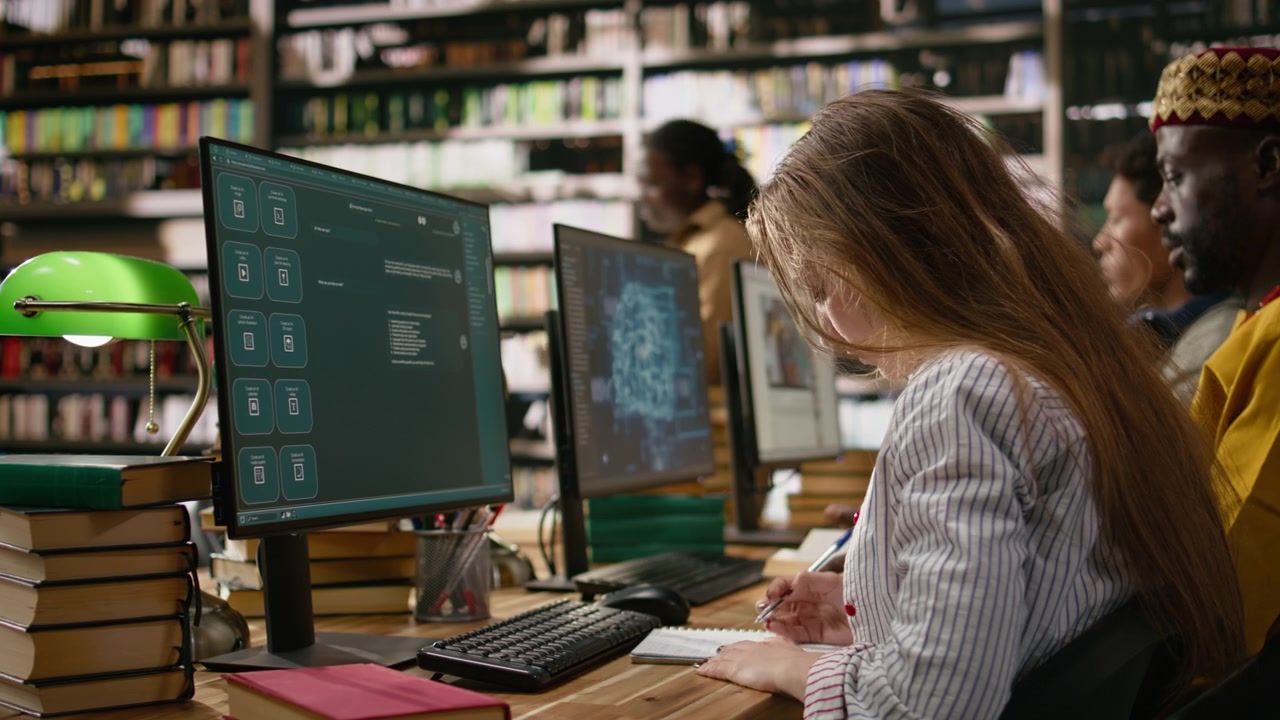 Young adult studying glowing AI brain interface on desktop monitor