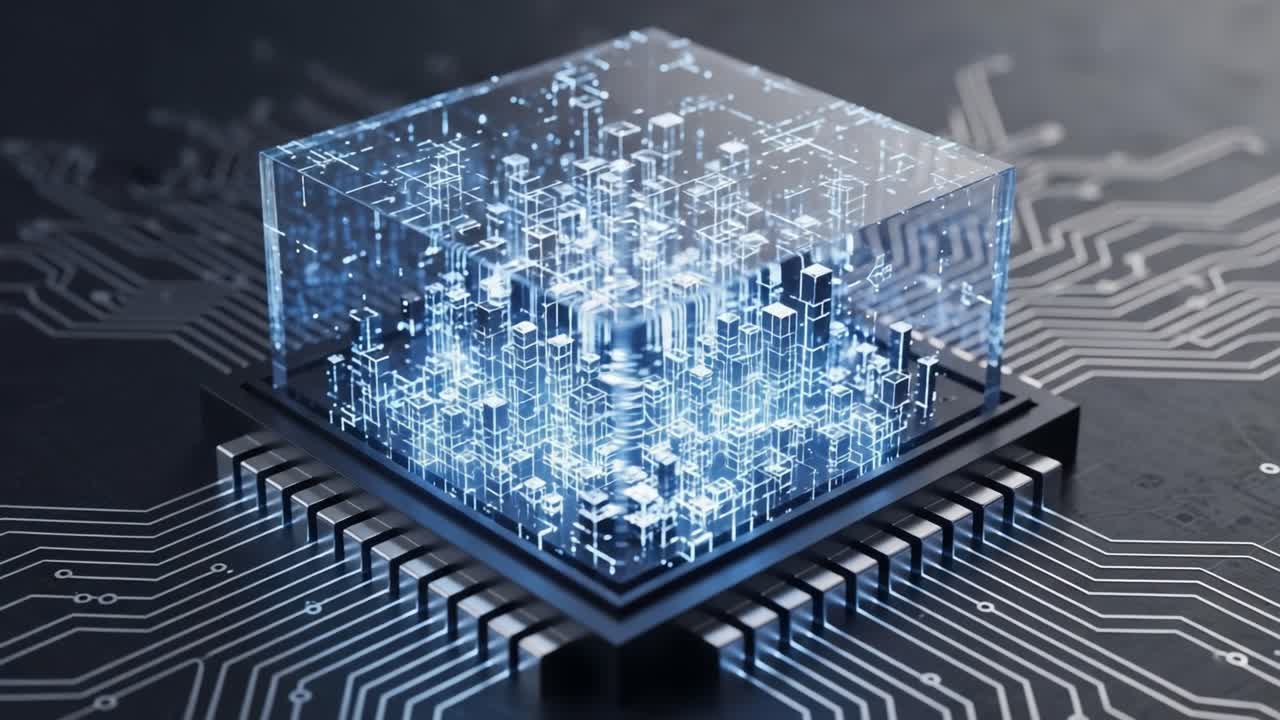 Exploring the Futuristic Chip: An Intricate Glass-Encased Processor Displaying Complex Digital Patterns Amidst Advanced Circuitry Technology