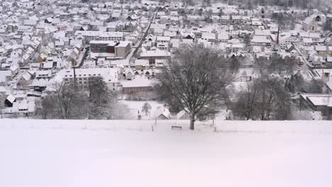 pullback drone shot in the snowy winter