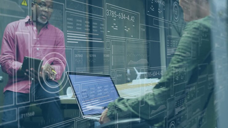 In office, business professionals working with digital data animation overlay