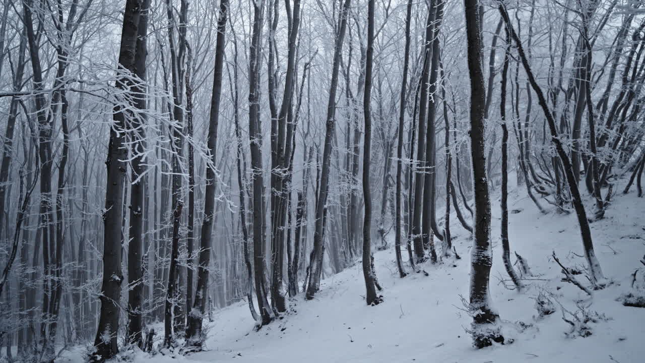 A snowy forest with bare trees covered in frost, serene and calm, evoking winter solitude