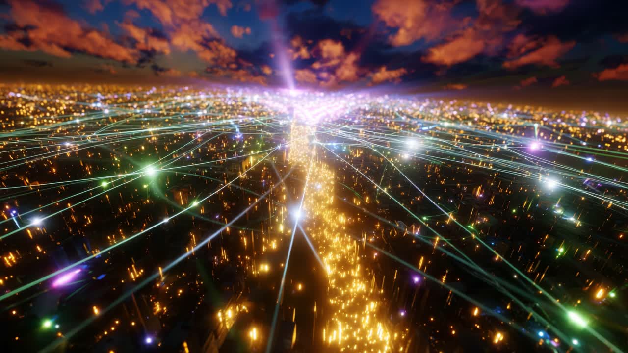 A Stunning Aerial View of a Futuristic Cityscape Illuminated by Vibrant Light Trails and Lush Colors at Twilight, Capturing the Splendor of Human Endeavors and Technological Innovation