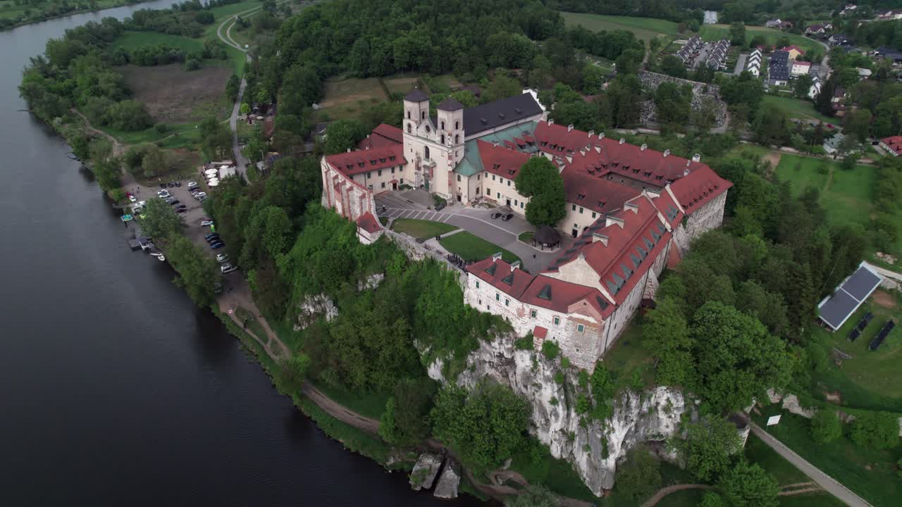 Scenic drone view of Tyniec Abbey, historic monastery in Poland