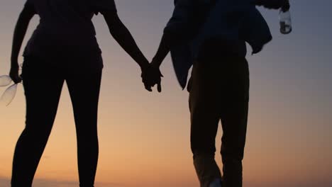 silhouette of mixed-race couple holding hands running at beach 4k