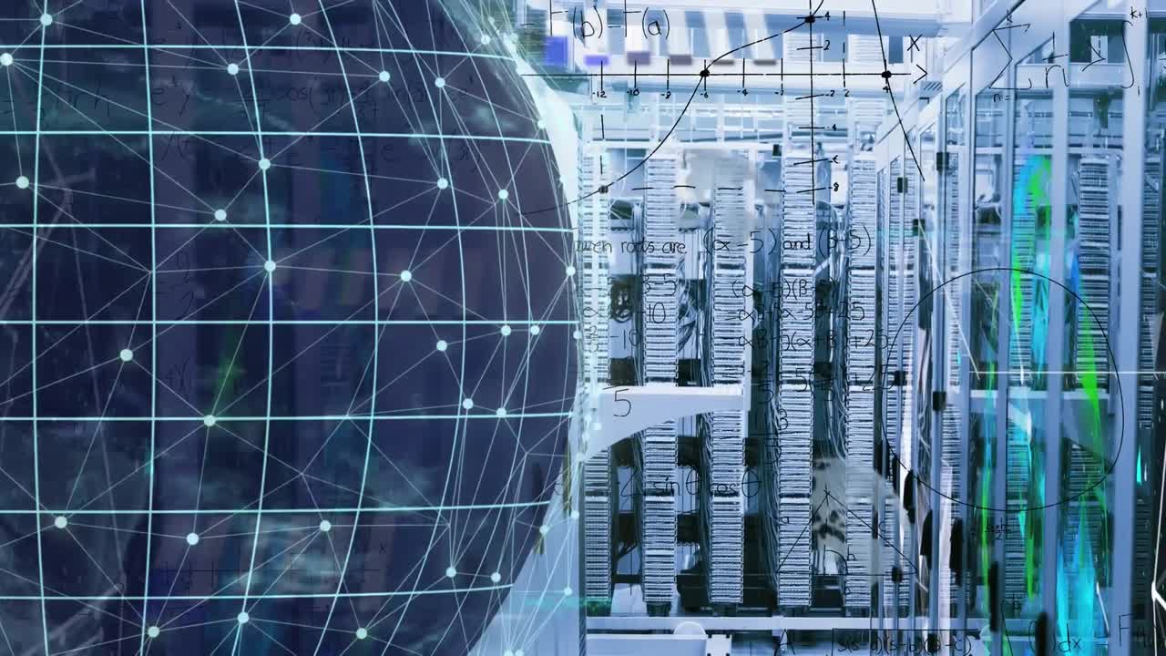 Animation of network of connections over spinning globe, mathematical equations against server room