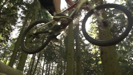 slow motion shot mountain biker making dramatic jump