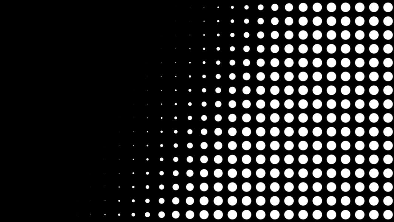 aparecen y desaparecen puntos blancos de medio tono sin costuras en movimiento en fondo negro. animación de patrón vintage