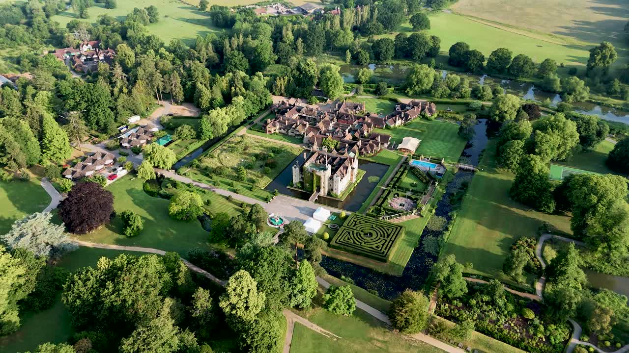 Discover the magic of Hever Castle with stunning aerial drone footage. From its serene moat to the royal estate, perfect for romantic, historical, and timeless cinematic projects.
