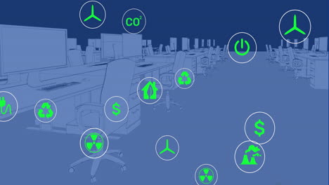 animation of sustainable energy icons over digital workspace in office