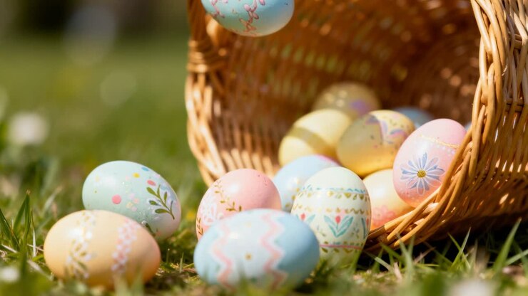 Falling pastel eggs rolling after wicker basket tipping on sunny grass, creating Easter display