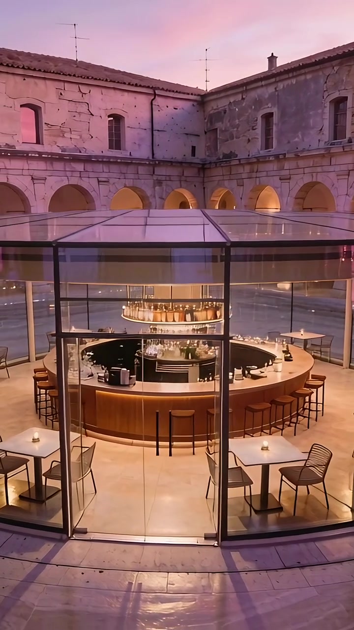 Video verticale: Telecamera che scorre avvicinandosi a un bancone di vetro in un cortile, mostrando uno scaffale per bottiglie per contrasto.