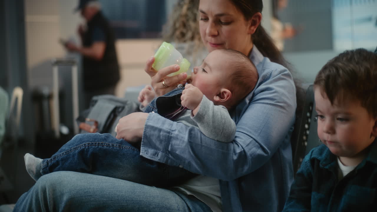 Mother feeding baby in airport