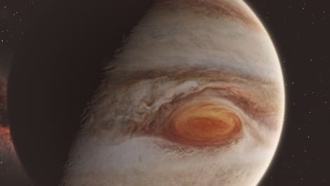 zoom rápido al planeta gigante gaseoso júpiter con fondo de sol y estrellas y tormenta masiva el gran ojo rojo visible 4k
