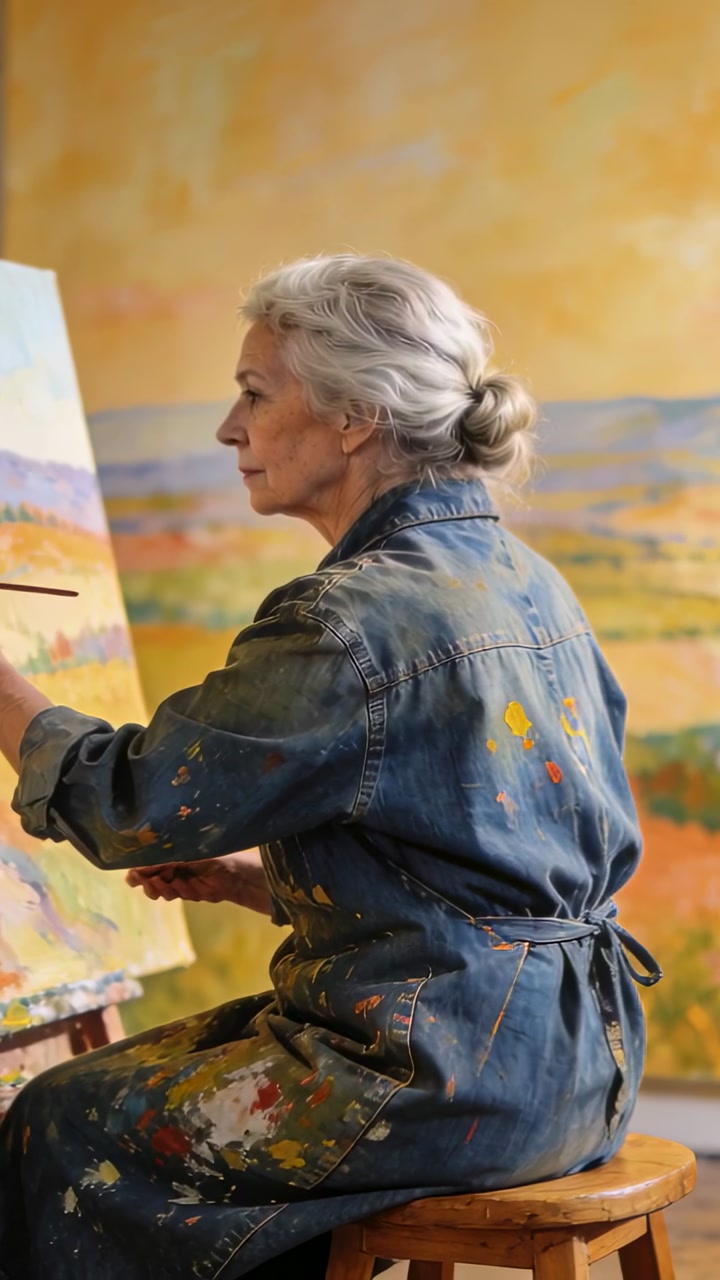 Vertical video: Sitting senior woman refining landscape on canvas in studio, brush in denim smock