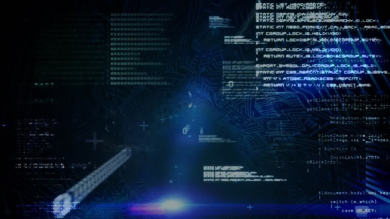 Animation of data processing and binary coding on blue background