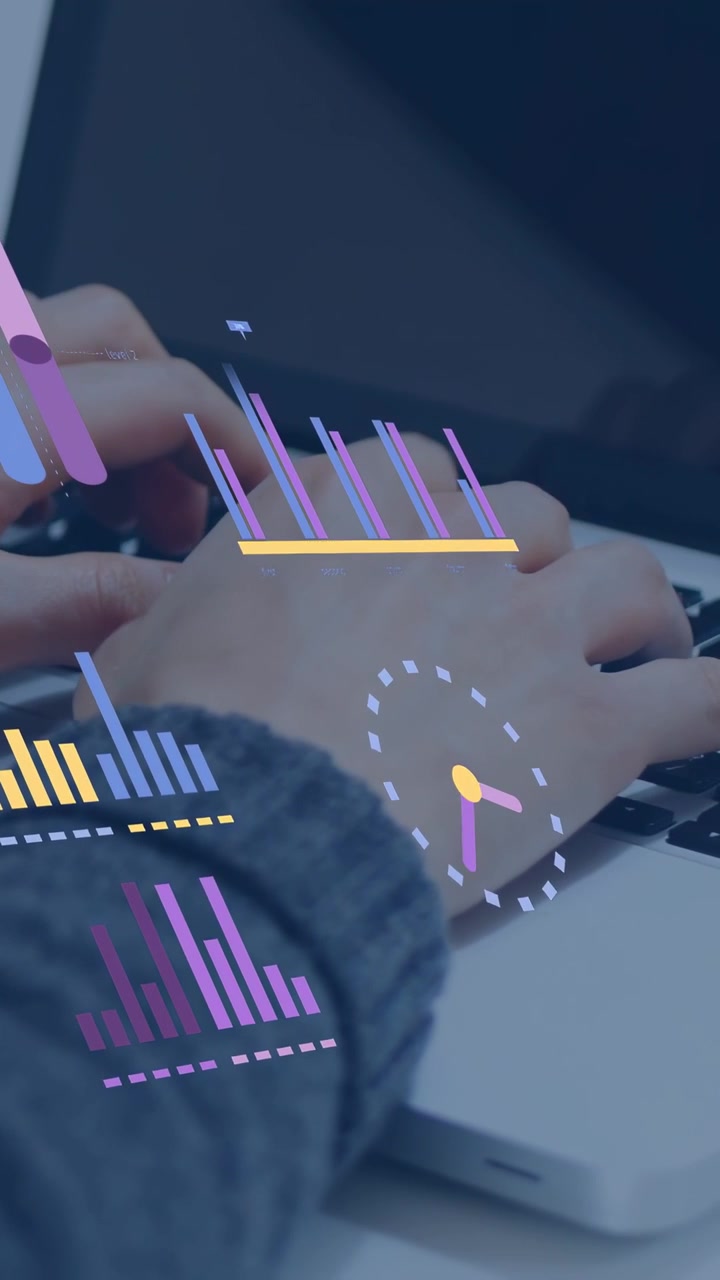 Vertical video: Worker placing hands on laptop typing while bar chart and clock syncing for finance
