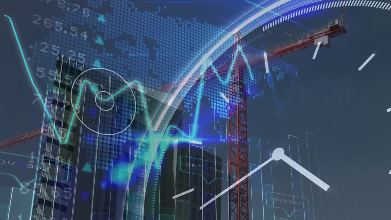 건설 현장에서의 시계 및 금융 데이터 처리의 애니메이션