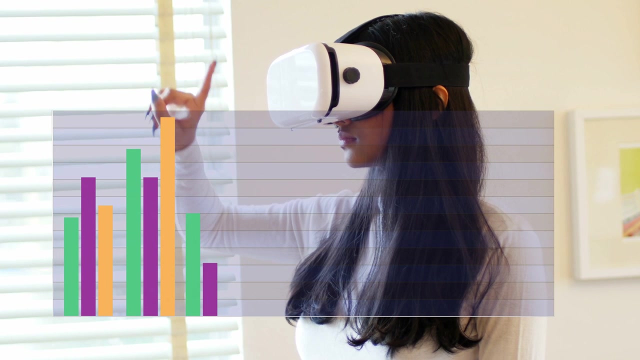 Woman wearing VR headset extending right hand, activating animated bar chart and inspecting data