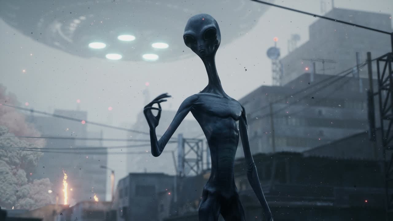 An alien stands in a ruined city against a backdrop of explosions and his spaceship. Aliens from space have attacked the city. The looped animation is ideal for apocalyptic, sci-fi, space backgrounds.