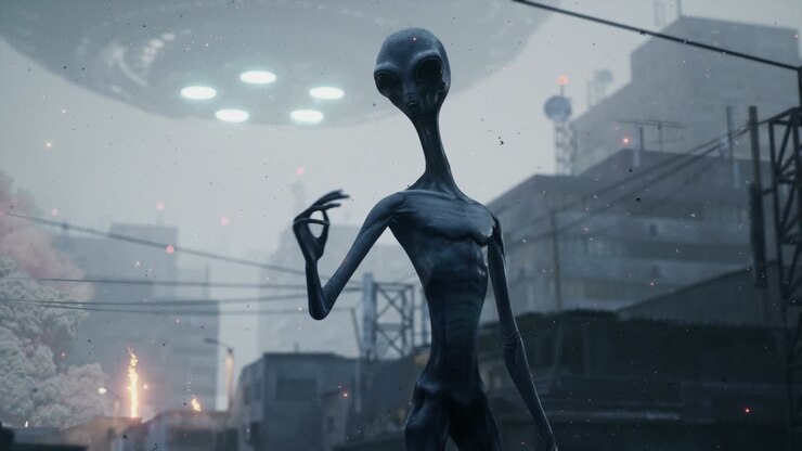 An alien stands in a ruined city against a backdrop of explosions and his spaceship. Aliens from space have attacked the city. The looped animation is ideal for apocalyptic, sci-fi, space backgrounds.