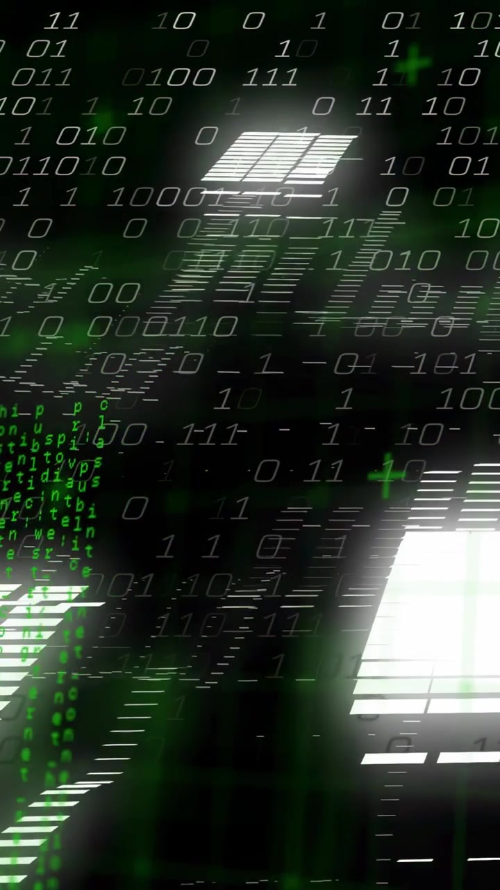 Vertical video: On play, window blocks sliding, code streams rising, grids mapping tech data