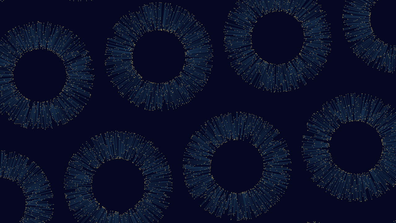 A symmetrical pattern of circles, composed of lines and dots, overlays a dark background. The circular arrangement features overlapping elements in a visually intriguing composition