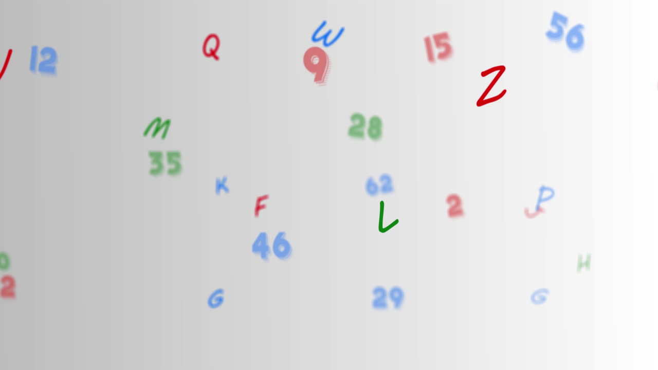 animación digital de múltiples números y alfabetos coloridos flotando contra un fondo gris