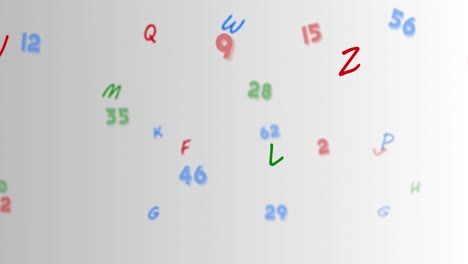 digital animation of multiple colorful numbers and alphabets floating against grey background