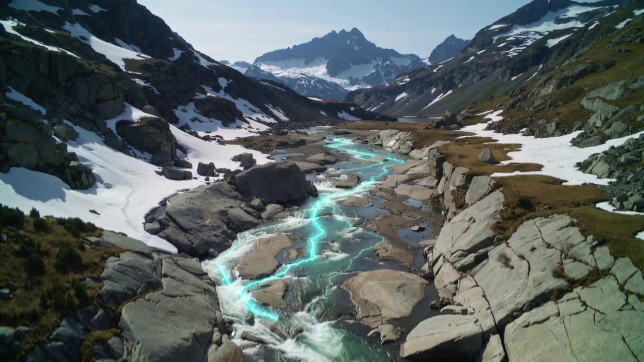 Una debole linea turchese appare, un nastro che segue il corso di un ruscello alpino, illuminandosi sulle rapide.