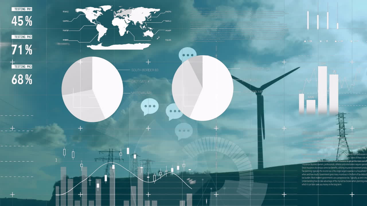 풍력 터빈과 음성 버블에 대한 데이터 처리 및 다이어그램의 애니메이션