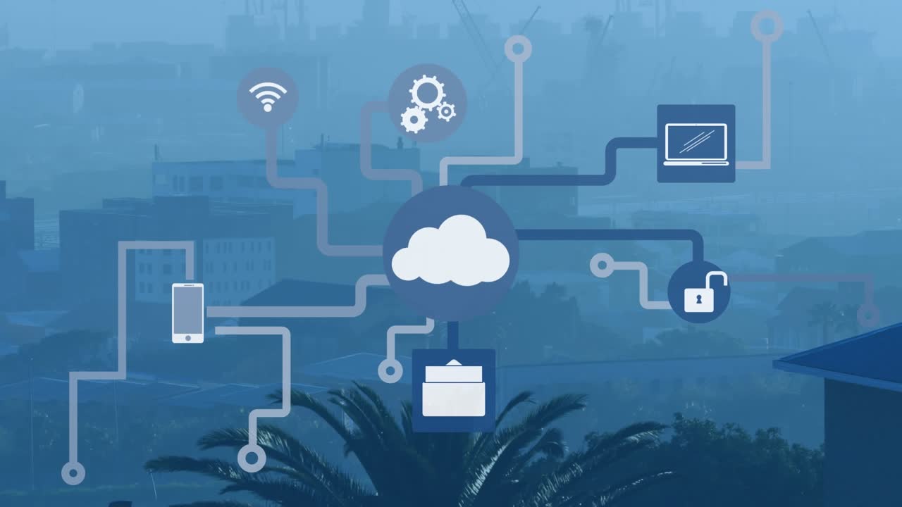 Animation of media icons over cityscape
