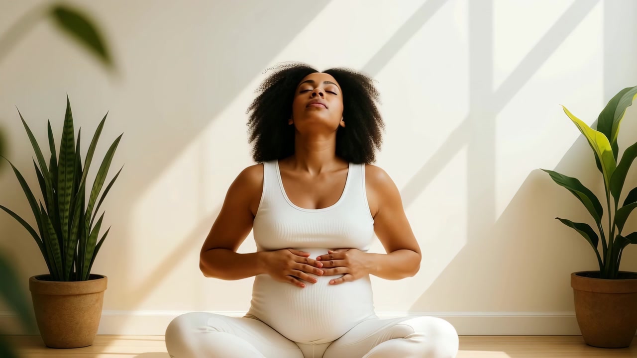 Pregnant Woman Meditating and Resting Hands on Belly